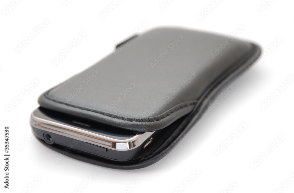 Smartphone in leather case isolated on white background Smartphone in leather case isolated on white background