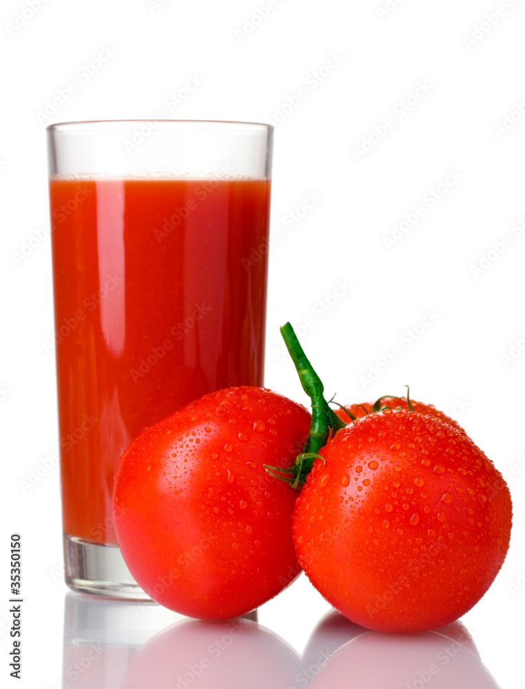 Tomato juice in glass and tomato isolated on white Tomato juice in glass and tomato isolated on white
