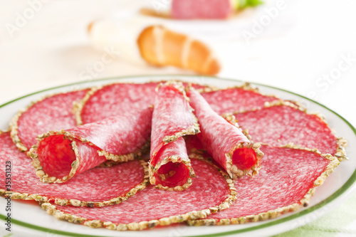 Salami plate close up.