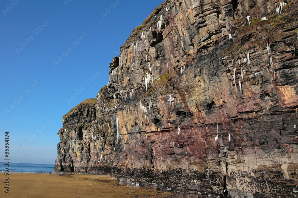 icicles melting on a beach cliff face