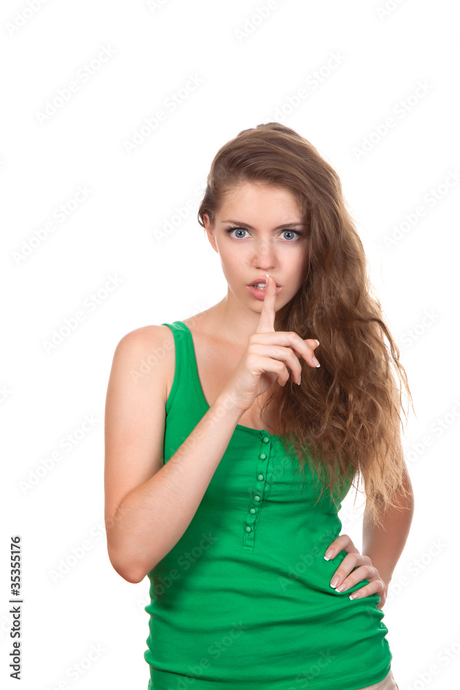 portrait of attractive teenage girl with finger on lips, portrait of attractive teenage girl with finger on lips,