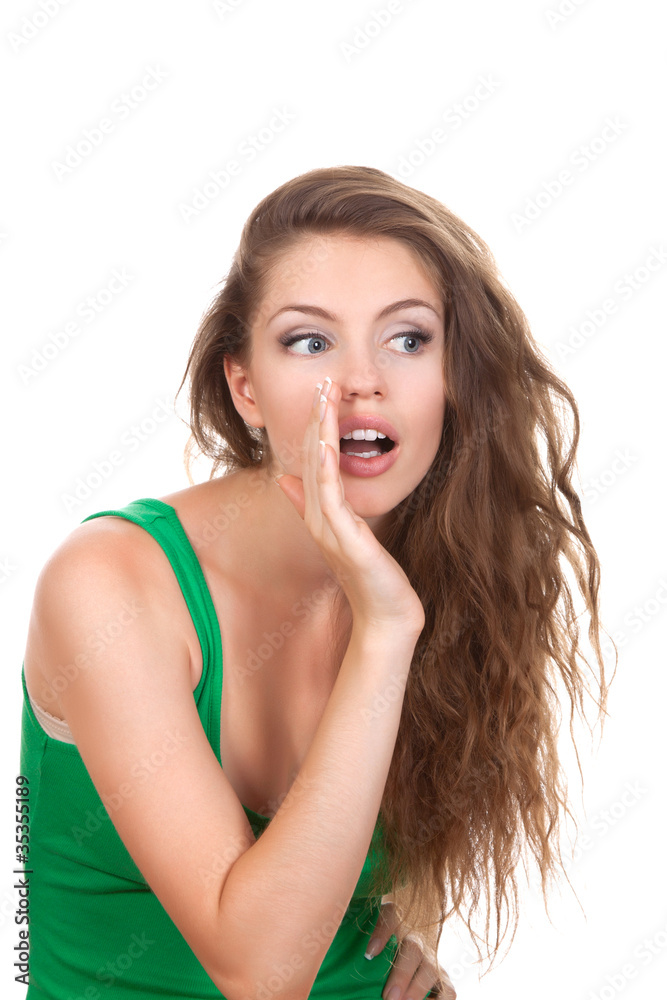 portrait of pretty young beautiful woman whispering portrait of pretty young beautiful woman whispering