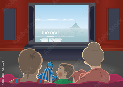Family watching TV set by home cinema