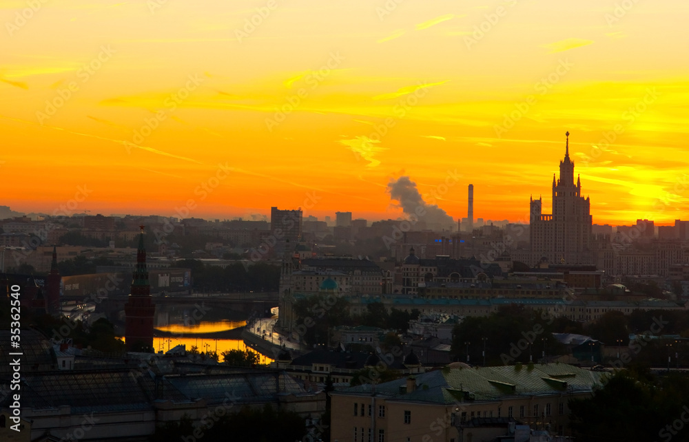 Moscow city sunrise. Kremlin, river and skyline