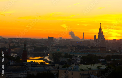Moscow city sunrise. Kremlin  river and skyline