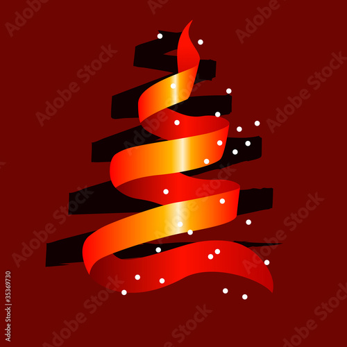 Stylized christmas tree made of red ribbon with snow