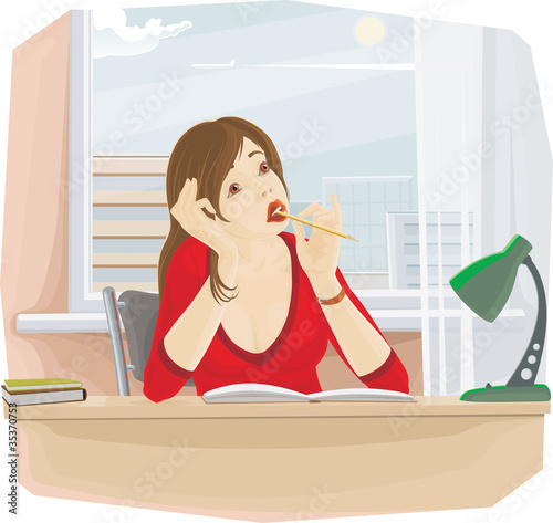 Writing girl with pencil sitting by the table