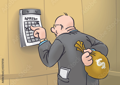 Capitalist with sack of money and calendar