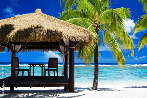 Tropical gazebo on amazing beach with palm tree