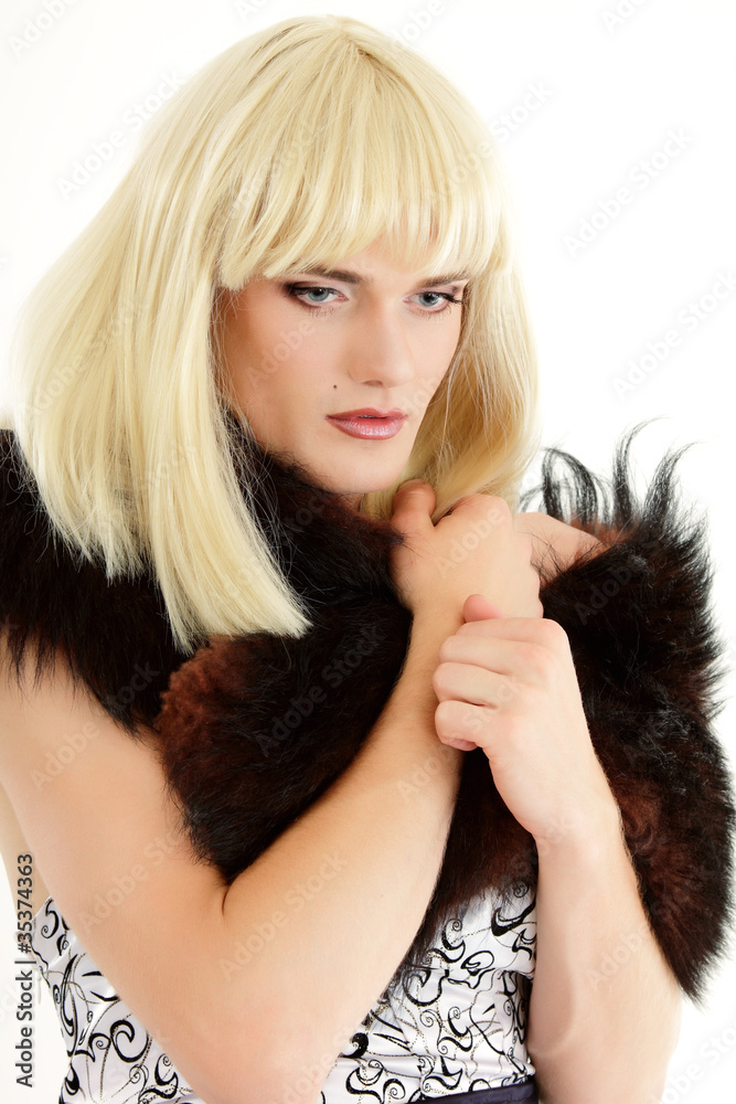 gay man attractive makeup with dress and platform shoes