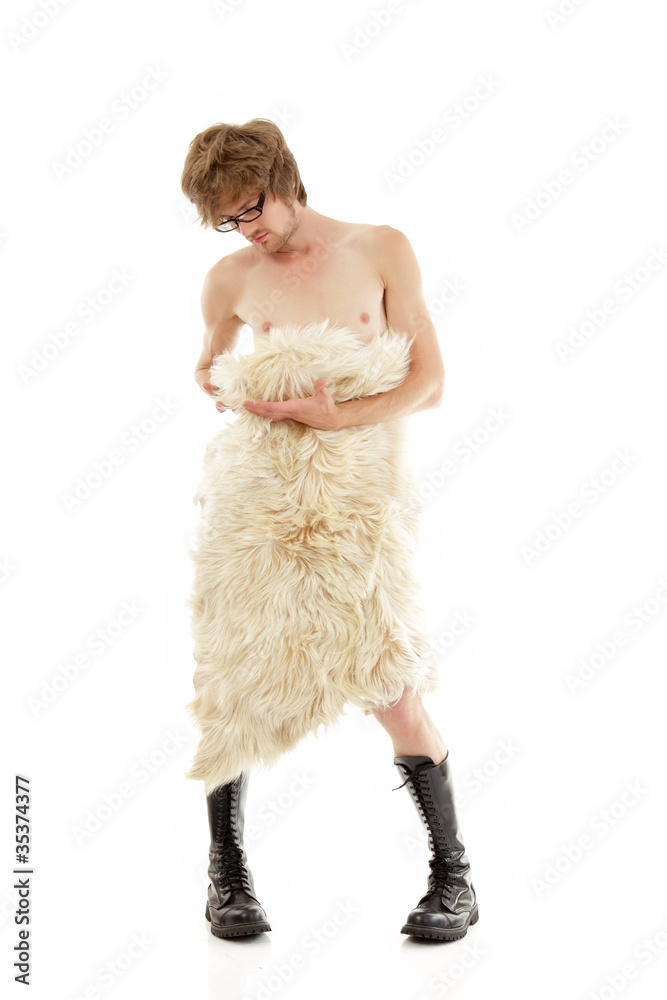 man young nude with fell and jackboot full-length isolated on wh man young nude with fell and jackboot full-length isolated on wh