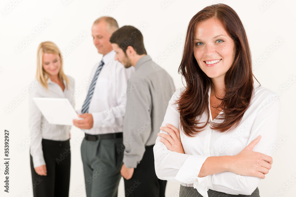 Business woman pretty with colleagues discussing Business woman pretty with colleagues discussing