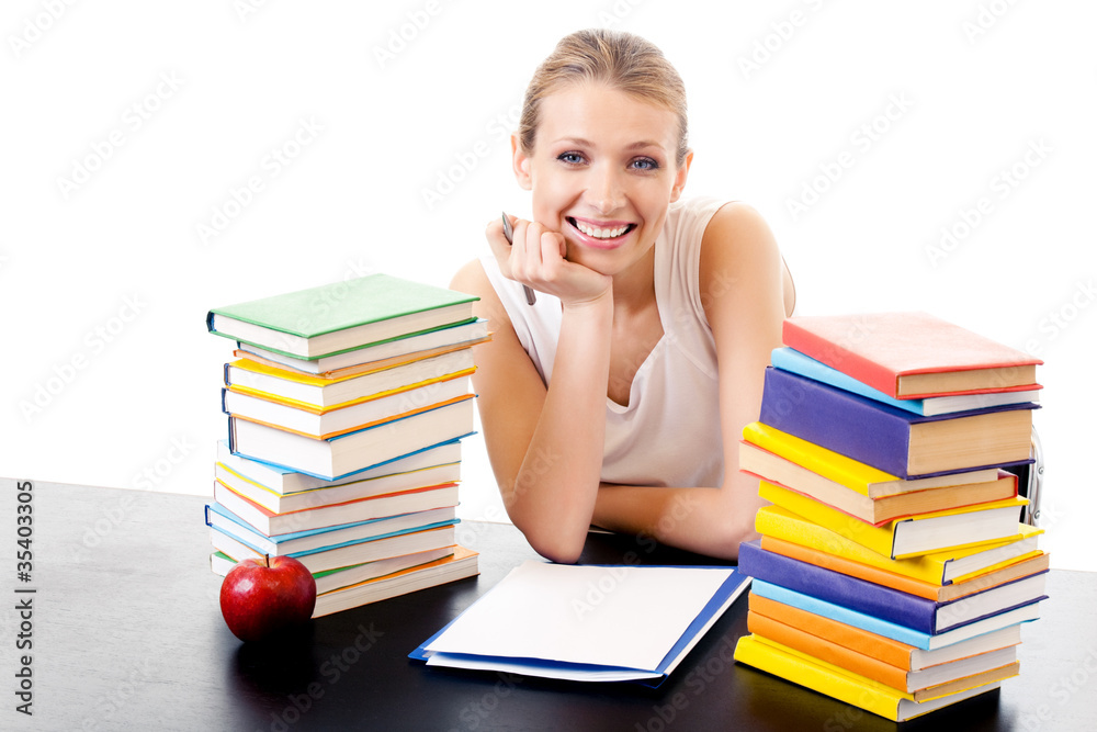 Writing woman with textbooks, isolated Writing woman with textbooks, isolated