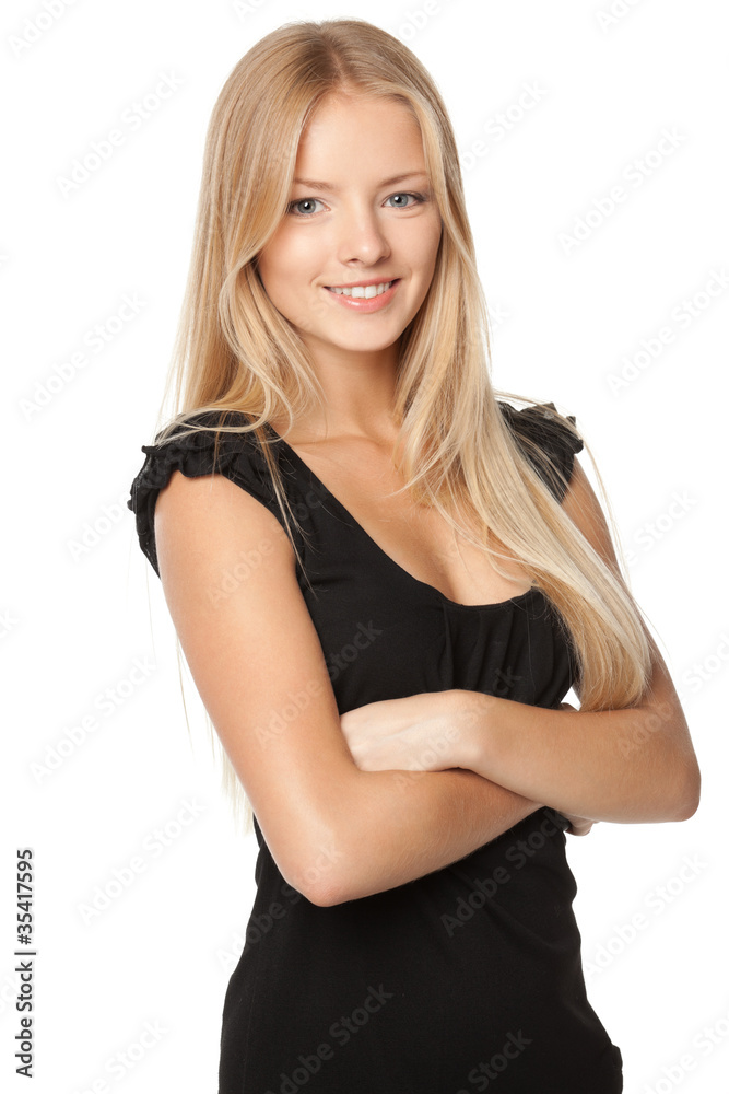 Portrait of smiling female standing with folded hands Portrait of smiling female standing with folded hands