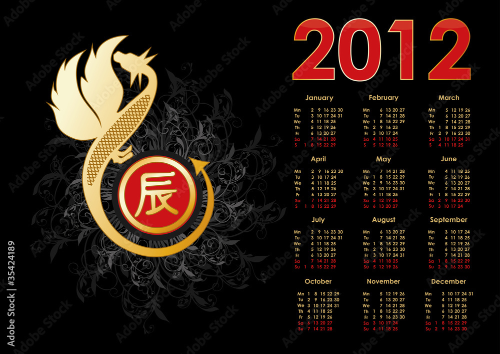 Calendar 2012 year. Dragon symbol