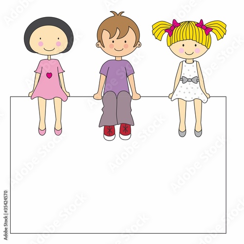 Niños sentados en un cartel en blanco.vector