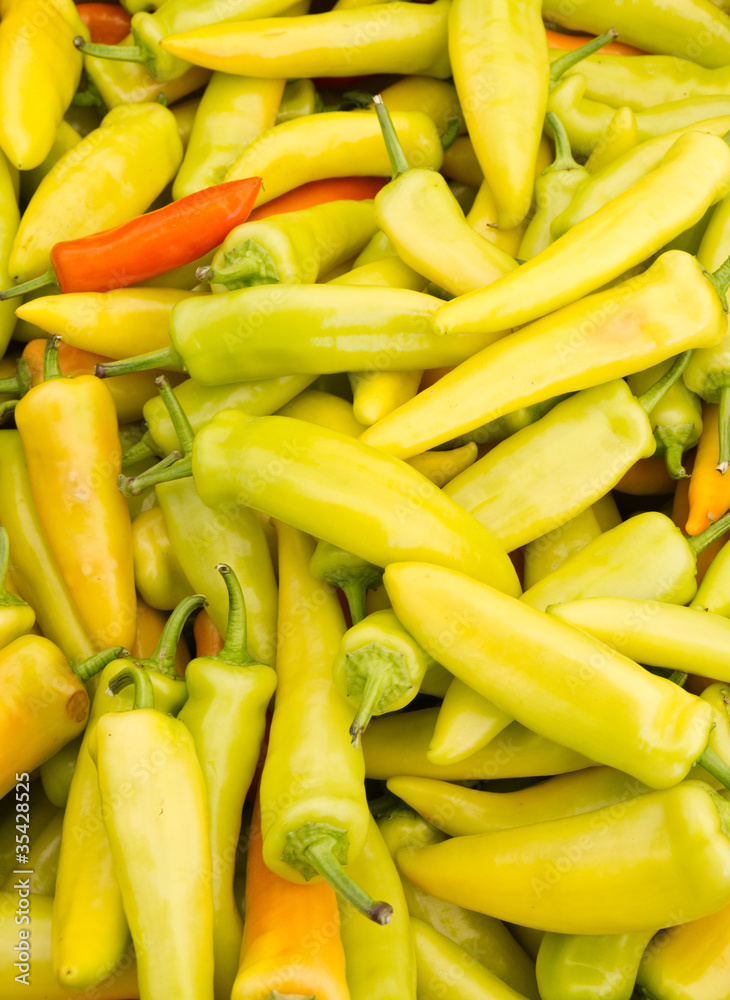 Hungarian wax or hot banana peppers on display Hungarian wax or hot banana peppers on display