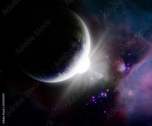 Fototapeta Naklejka Na Ścianę i Meble -  earth looking from outer space with sun burst