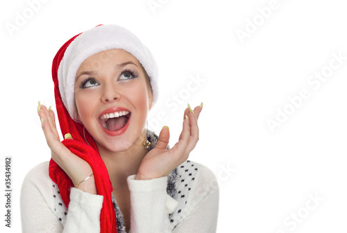 Obraz na płótnie Christmas girl with perfect smile isolated on white w salonie