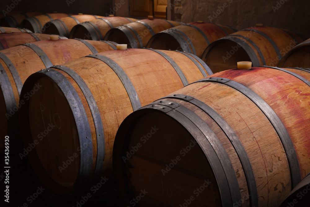 Wine barrels in an aging cellar of Ribera del Duero, Spain