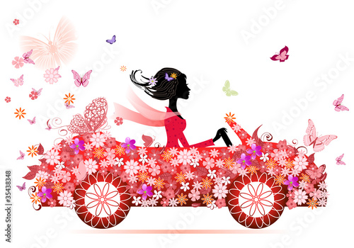 girl on a red flower car