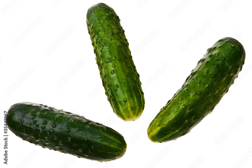 Three fresh ripe cucumbers isolated over white background. Three fresh ripe cucumbers isolated over white background.