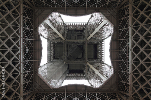 View of the Eiffel Tower from directly underneath.