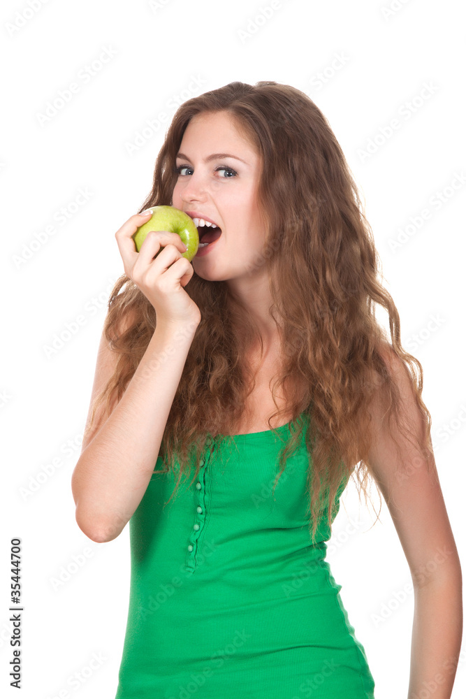 portrait of happy smiling woman hold green fresh apple in hand