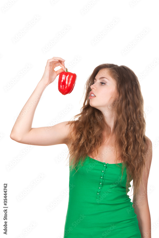 young smile woman hold red fresh raw pepper young smile woman hold red fresh raw pepper