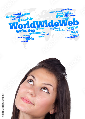 Young girl looking at internet type of icons