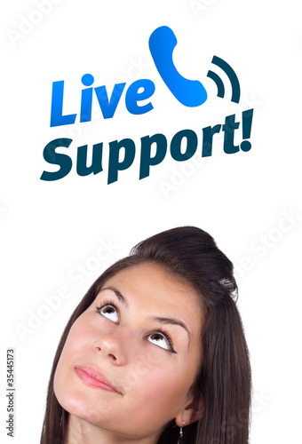 Young girl looking at support contact type of icons and signs