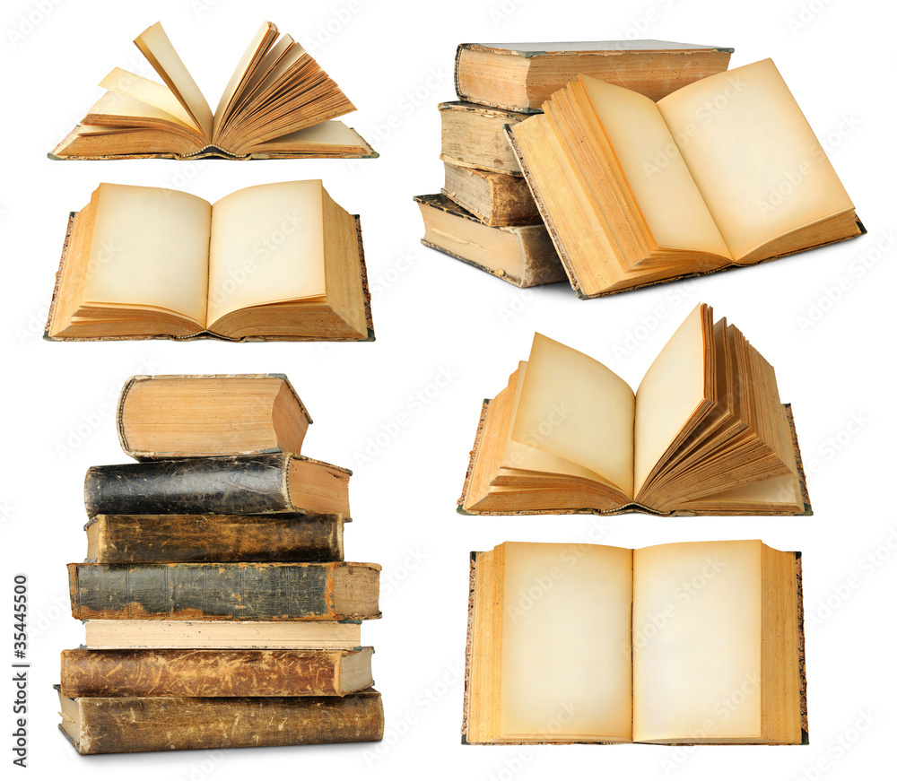 Obraz premium Isolated books. Collection of different old books, closed and open with empty pages, single and in stacks isolated on white background