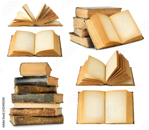 Isolated books. Collection of different old books, closed and open with empty pages, single and in stacks isolated on white background