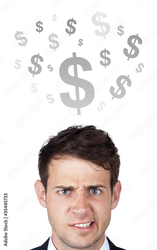 Young persons head looking at business icons and images Young persons head looking at business icons and images