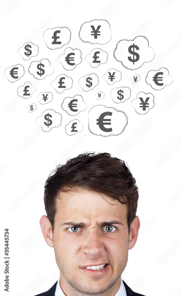 Young persons head looking at business icons and images Young persons head looking at business icons and images
