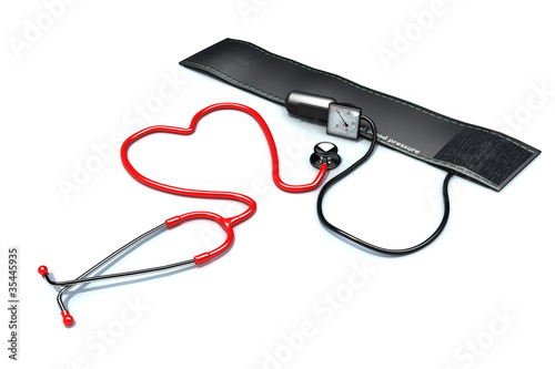 Red heart shaped stethoscope with blood pressure cuff