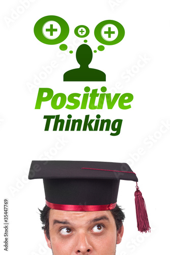 Young head looking at positive negative signs photo