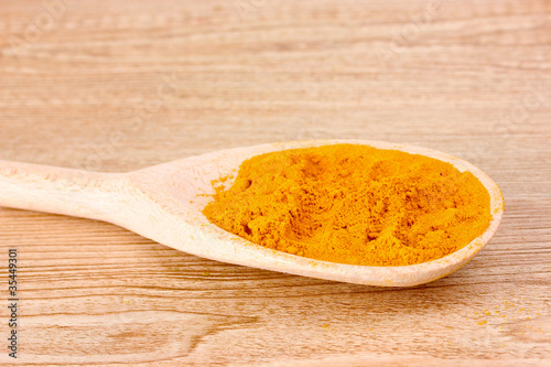 pepper spice on the spoon on wooden background