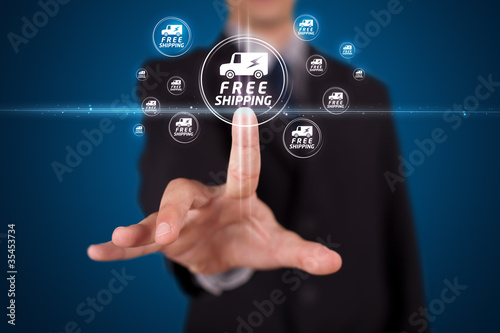 Businessman pressing virtual promotion and shipping type of icon