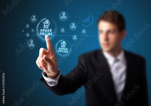 Businessman pressing virtual promotion and shipping type of icon