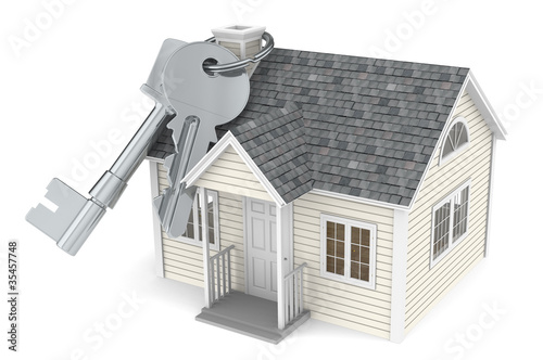 Real Estate Agency. House keys hanging on chimney of a House