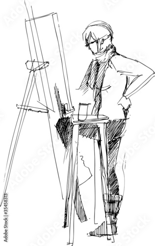 a fellow drawing on an easel