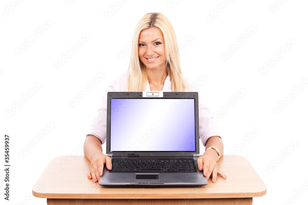 Teacher lady showing laptop screen Teacher lady showing laptop screen