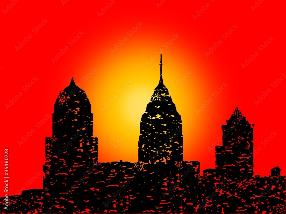 Grunge Philadelphia skyline with abstract sunset illustration