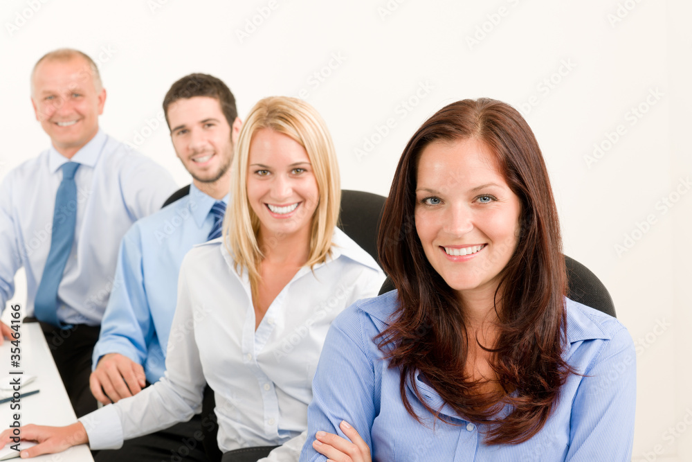 Business team happy sit in line behind table Business team happy sit in line behind table