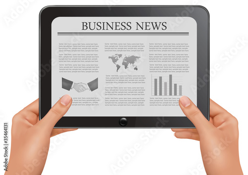 Hands holding digital tablet pc with business news. Vector