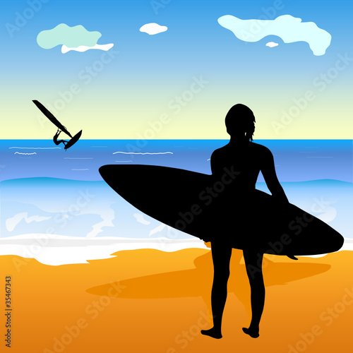 surfing people and beach illustration