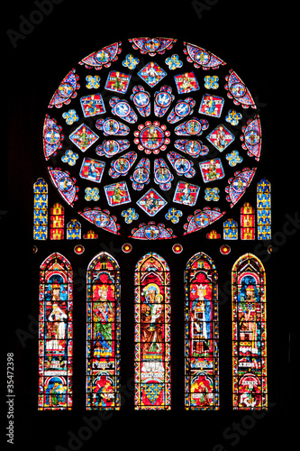 Fotografiet Vitrages of famous Notre Dame cathedral in Chartres, France