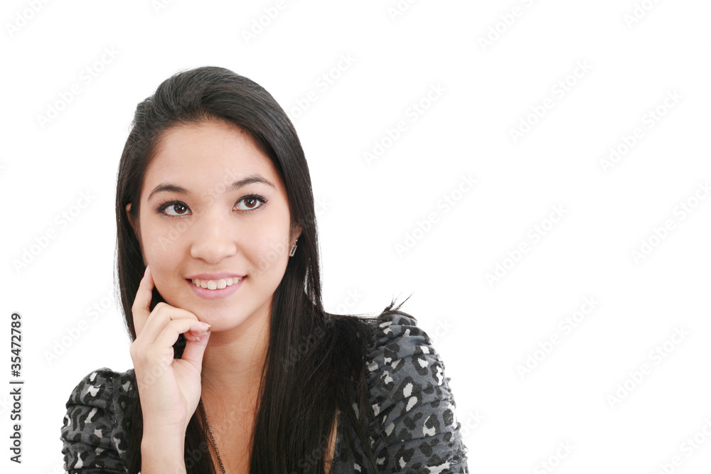 a young, pretty woman looks thoughtfully up - space for text a young, pretty woman looks thoughtfully up - space for text