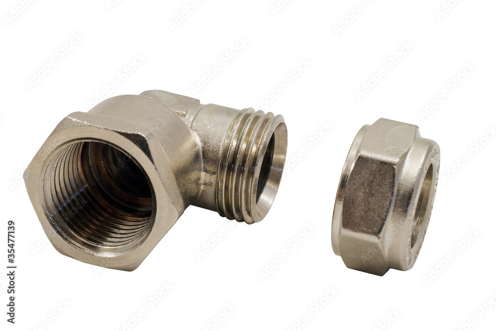 Pipe plumbing elbow with detached washer on white Pipe plumbing elbow with detached washer on white